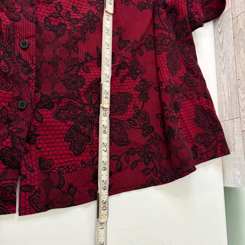 Maggie Barnes Blouse Women 3X Red Black Floral Lace Print Button Front 3/4 Slv - Picture 7 of 7